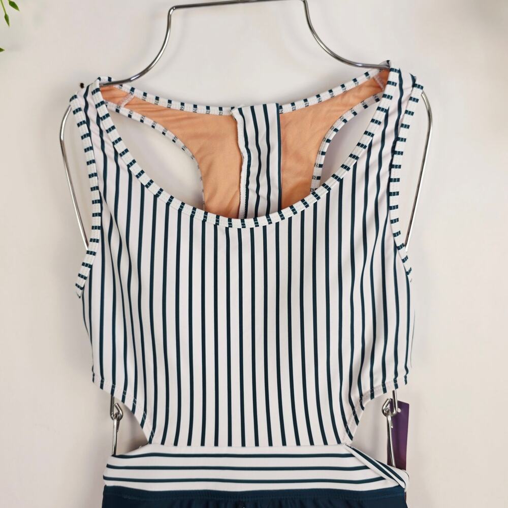 New Molybell Monokini One Piece Swimsuit XS Green Lilies Stripe Cutout Zip Beach - Picture 5 of 14